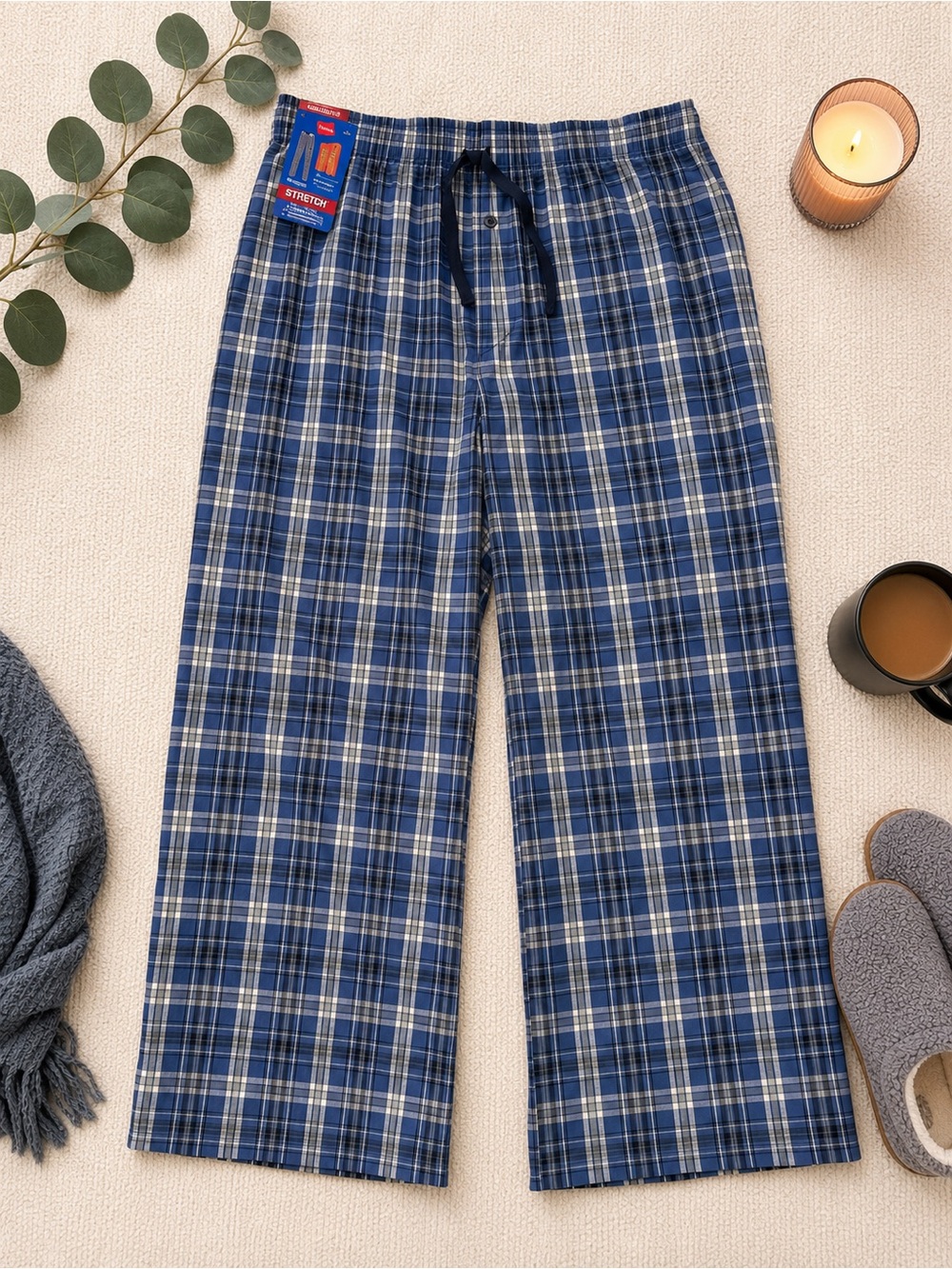 Hanes Men’s 2XL Blue Plaid Stretch Woven Sleep Pants Pajama Pants NWT